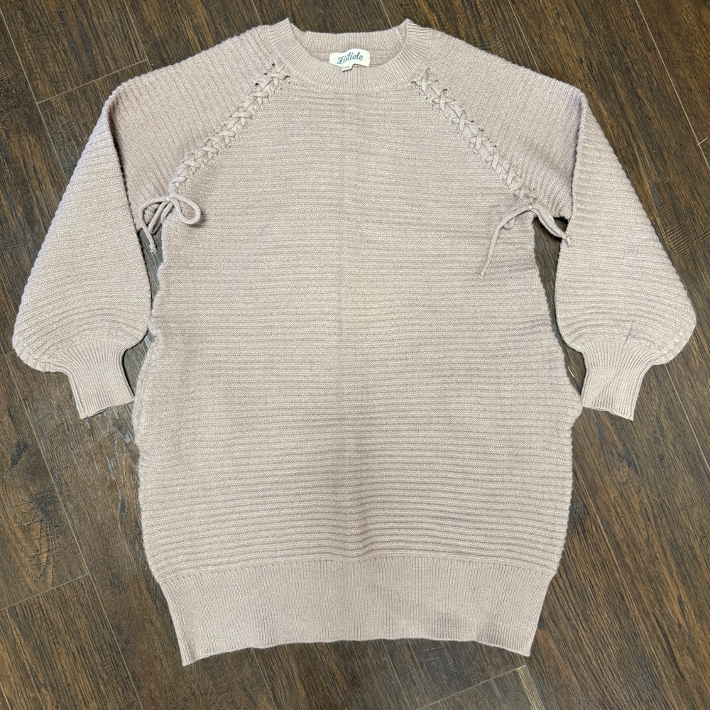 LISTICLE BEIGE TAUPE LONG SWEATER POCKETS BOWS